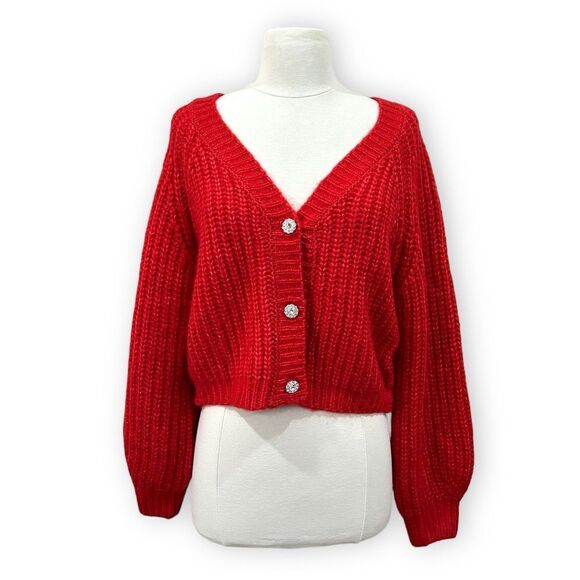 Jessica Simpson Red Cropped Wool Cardigan with Rhinestone Buttons Size Medium - Picture 1 of 14